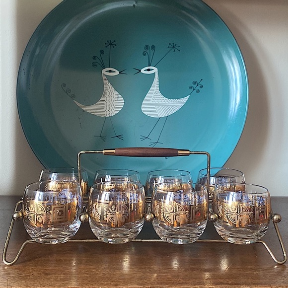 SOLD MCM Culver Gold Glasses & Caddy Carrier Roly Poly Coronet Vintage 22k - Picture 2 of 11